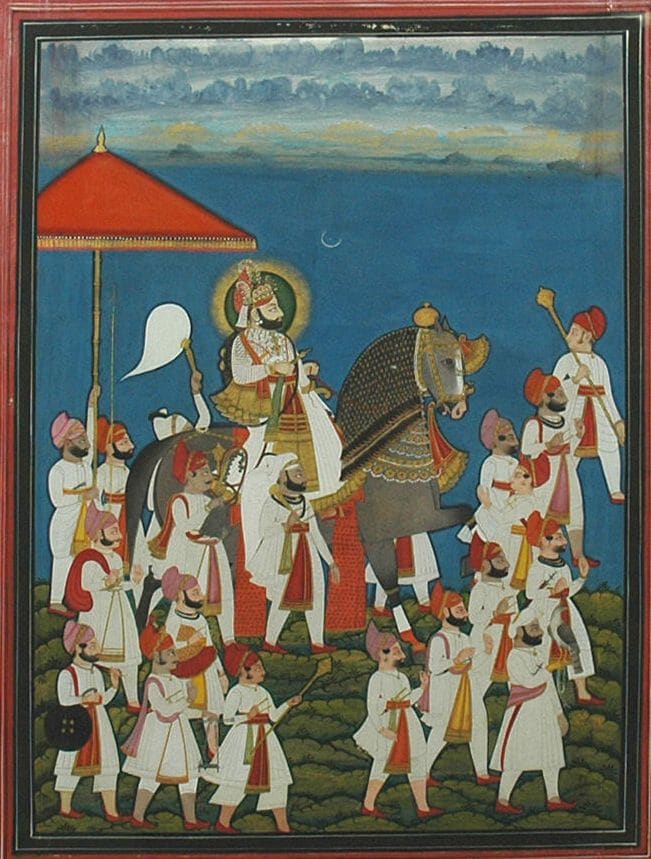 A maharana on horseback under a red parasol, surrounded by attendants