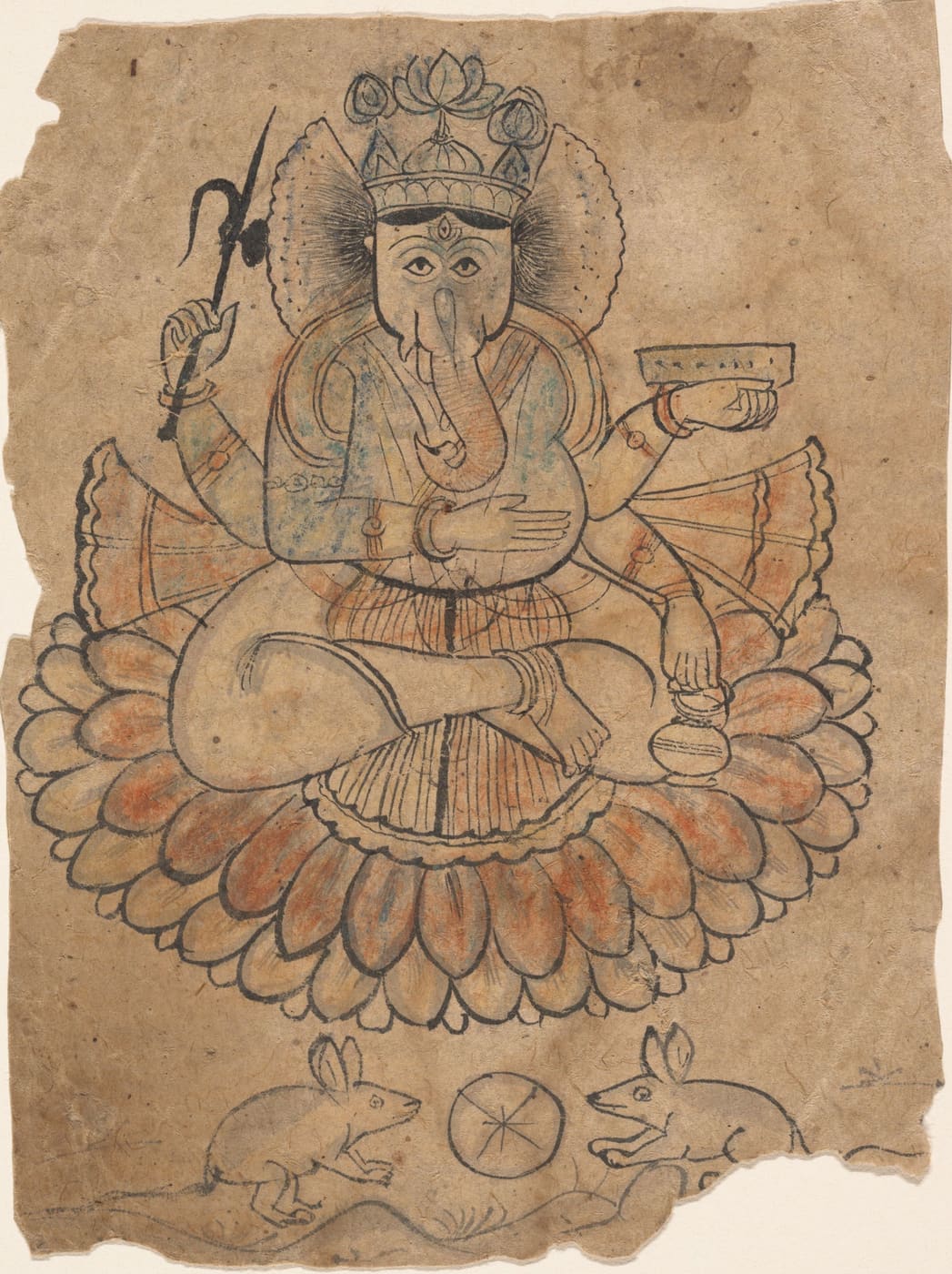 An ink sketch of Shri Ganesh seated on a lotus
