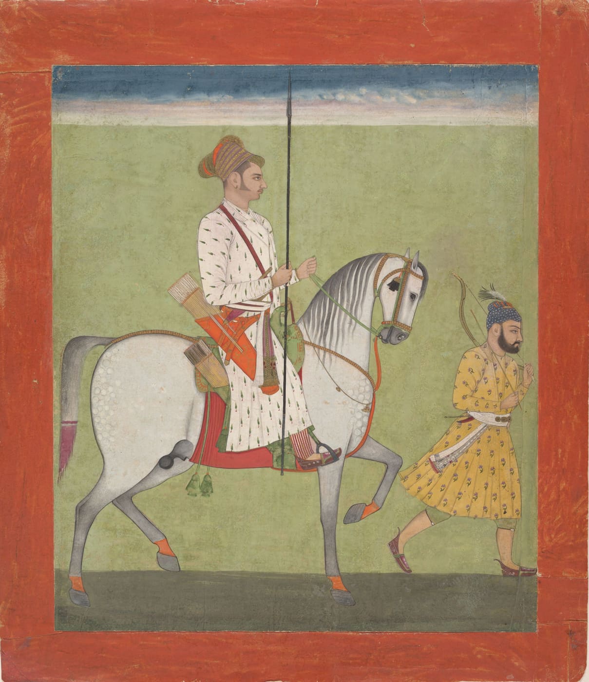 A Rajput nobleman with a lance on a white horse, a servant walking beside him