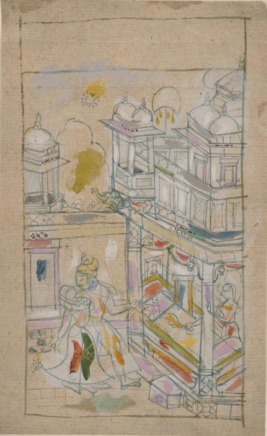 A couple walks towards palace pavilions under the moon