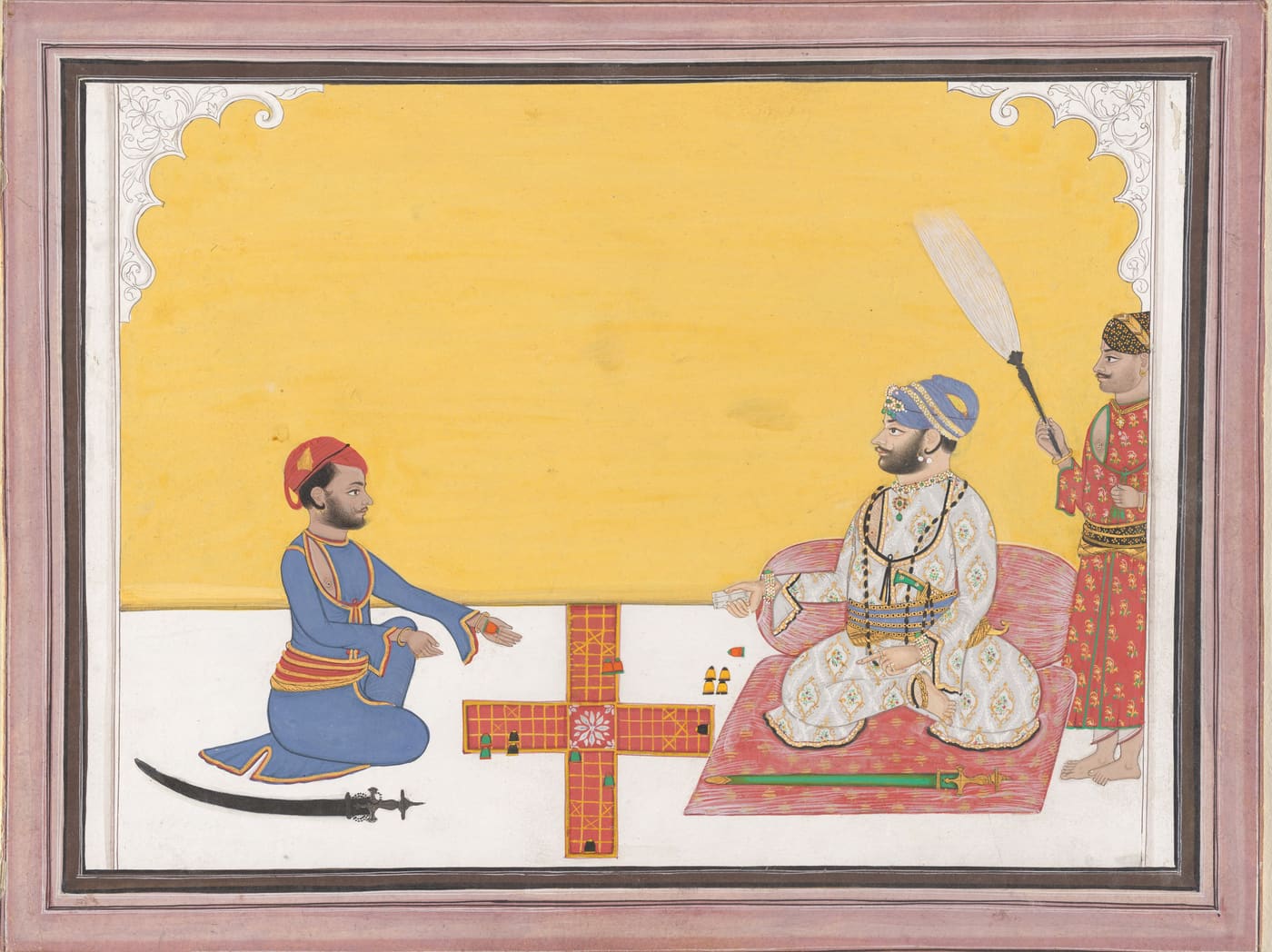 A maharaja and a courtier play pachisi on a cloth board