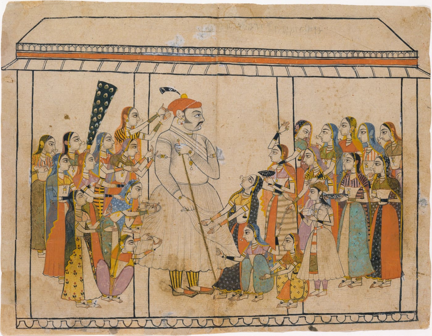 A maharaja surrounded by the ladies of his court under a canopy
