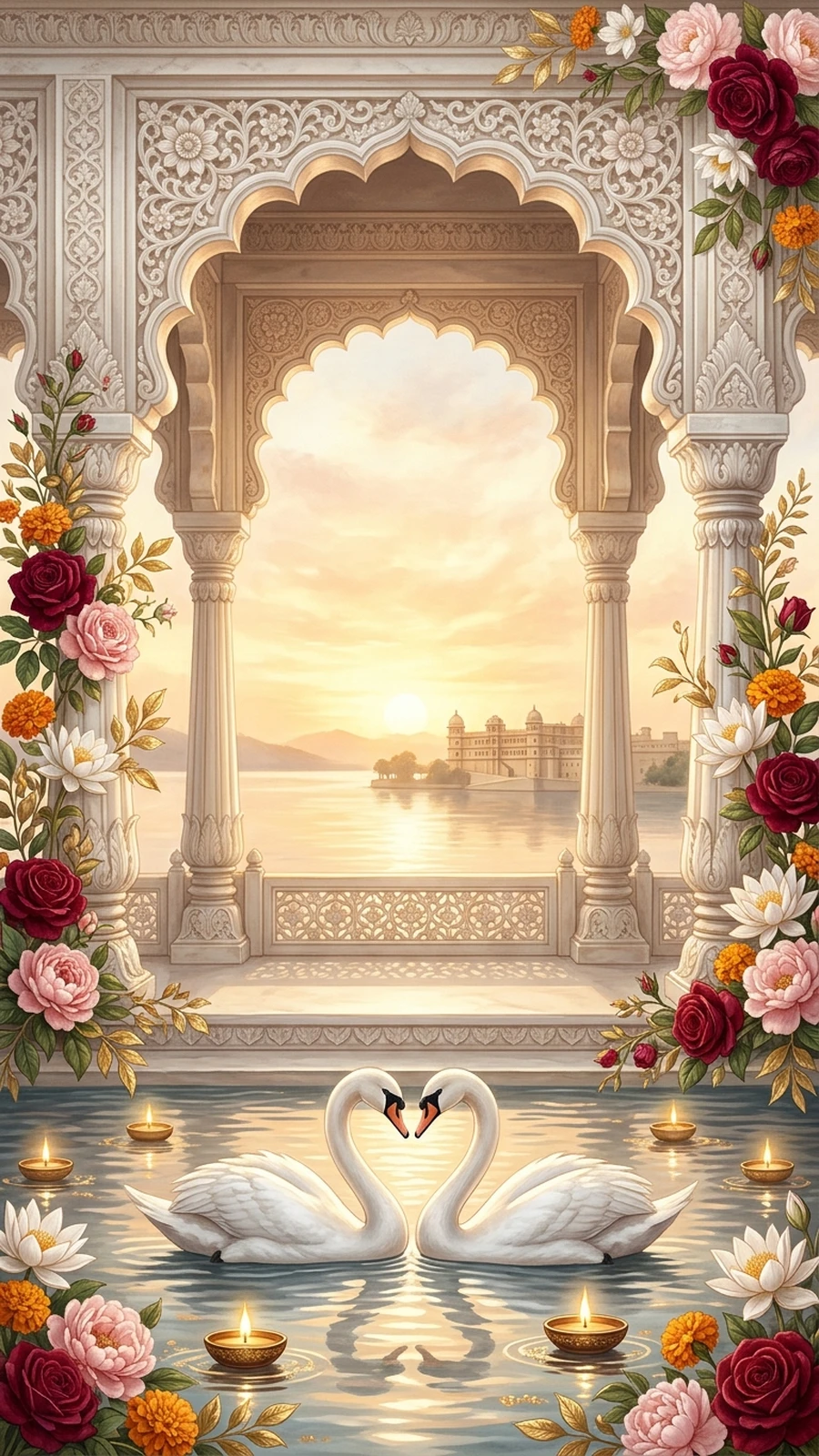 Royal Palace Arch overlooking Lake Pichola with Swans