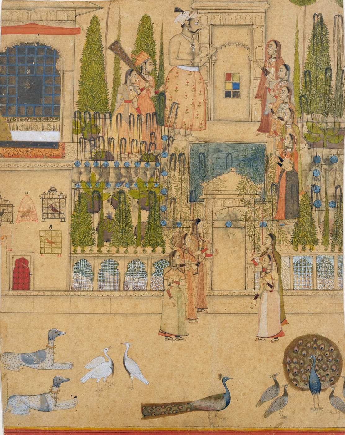 Ladies of the palace in a garden courtyard with peacocks and fountains